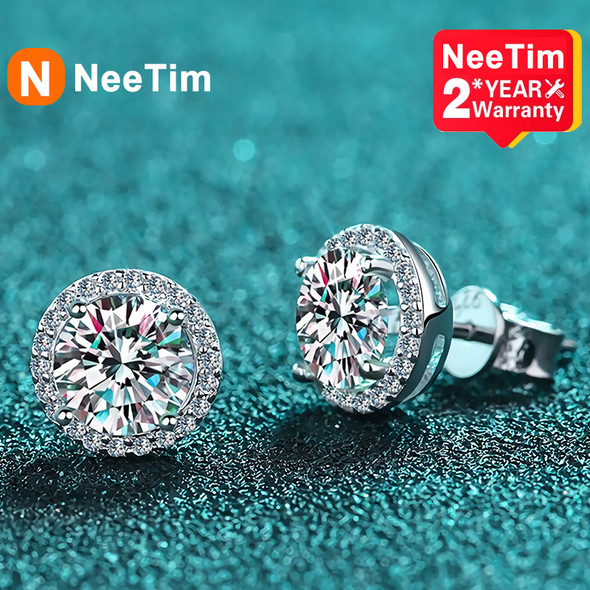 NeeTim Moissanite Stud Earrings for Women S925 Sterling Silver White Gold Plated Diamond Earring Ear Studs Wedding Fine Jewelry