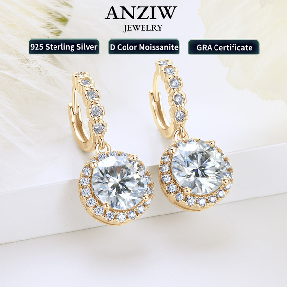 Anziw Real Sparkling 3.0 Ct D Moissanite Drop Hoop Earrings 100% 925 Silver Gold Plated 2.0ct Hanging Earring For Women Jewelry
