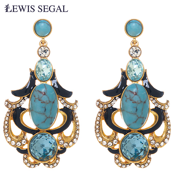 LEWIS SEGAL Turquoise with Rhinestones Dangle Earring for Women Girl Luxury Medieval Style Vintage Fine Jewelry 18K Gold Plated