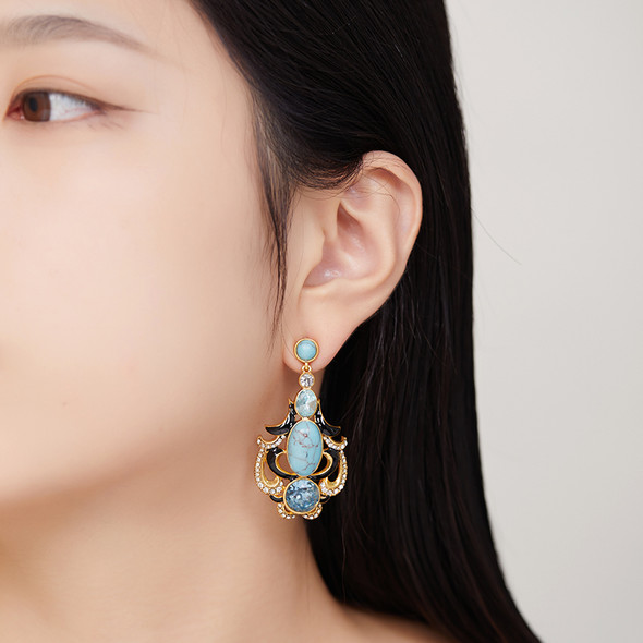 LEWIS SEGAL Turquoise with Rhinestones Dangle Earring for Women Girl Luxury Medieval Style Vintage Fine Jewelry 18K Gold Plated