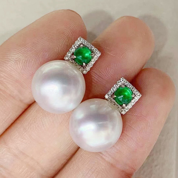 MeiBaPJ 925 Genuine Silver Green Stone Natural Pearl Fashion Stud Earrings Fine Wedding Jewelry for Women