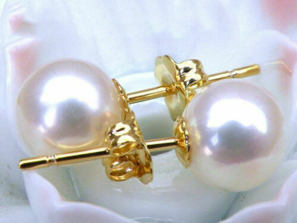 AAAA 7-8 mm Round Natural Akoya White Pearl Earring 14K Yellow Gold