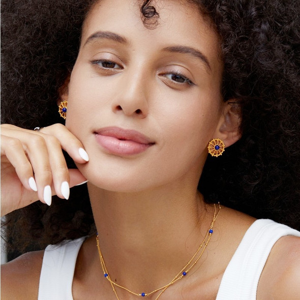 925 Sterling Silver Inlaid Natural Lapis Lazuli Roulette Earrings For Women Natural Stone Unusual Hollow Out Stud Earring Gift