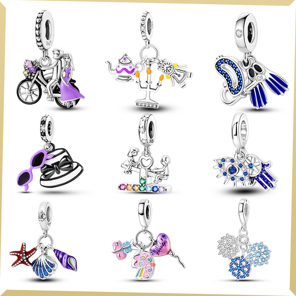 New925 Sterling Silver Blue Hat Glasses Cycling Couple Charm Beads Pendant Fit Pandora Original Bracelet Women DIY Gift Jewelr