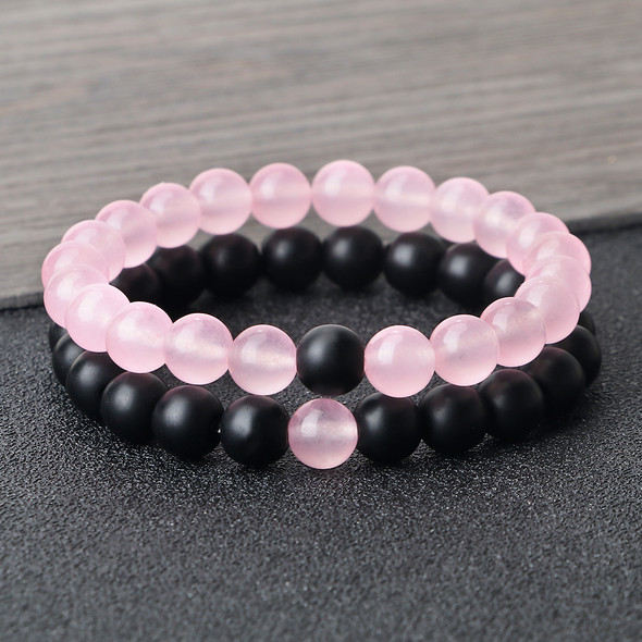 Natural Stone Matching Couple Bracelet Distance Pink Black Beads For Men Women Strand Bracelets Bangles Yoga Lover Jewelry Gifts