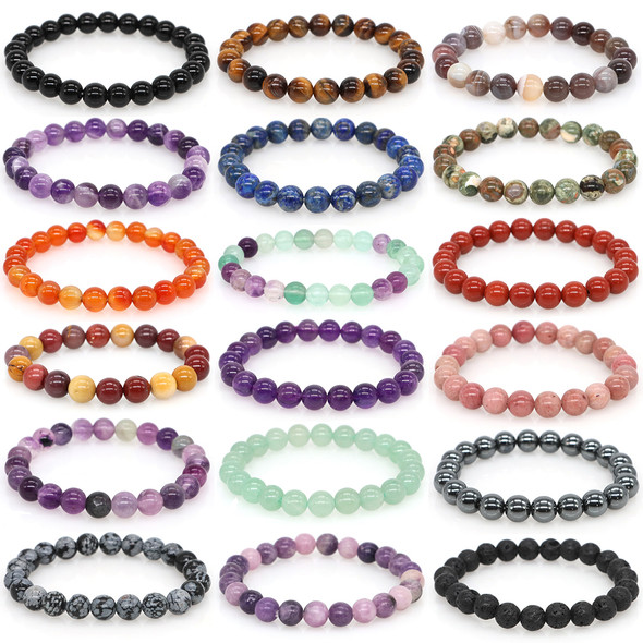 Natural Stone Round Beads Bracelet Amethyst Rose Quartz Chakra Healing Crystal Elastic Stretch Bangle For Women Men Jewelry Gift