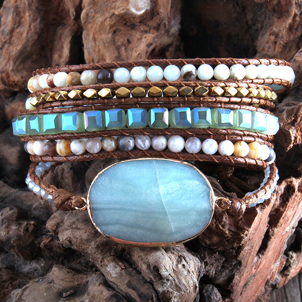 Fashion Boho Beaded Bracelet Handmade Mixed Natural Stones & Crystal Stone Charm 5 Strands Wrap Bracelets Women Gift