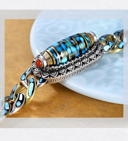 Turquoise Tianzhu Bracelet 925 Silver Amulet Bangle Chinese Charm Real Gift Carved Natural Vintage Jade Luxury Fashion Stone
