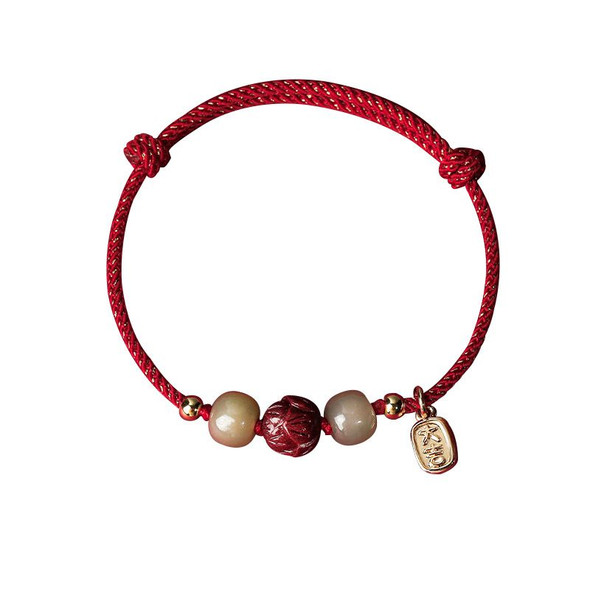 UMQ Natural Jade Cinnabar Lotus Red Rope Hetian Gray Jade Woven Hand Strap Blessing Card Transfer Ashore Bracelet Couple Style