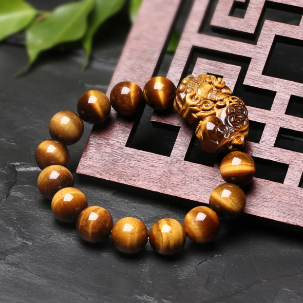 10mm 12mm Original Natural Beads Tiger Eye Bracelet Fengshui Pixiu Good Luck Wealth Health Bangle Men Women Jewelry Gift