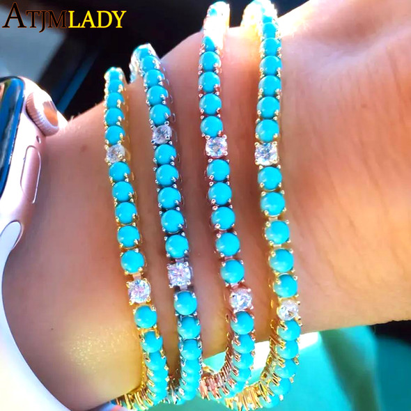 2023 New Arrive 3mm Turquoises Bracelet Women Clear Cz Paved Beaded Tennis Chain Bracelet Handmade Jewelry