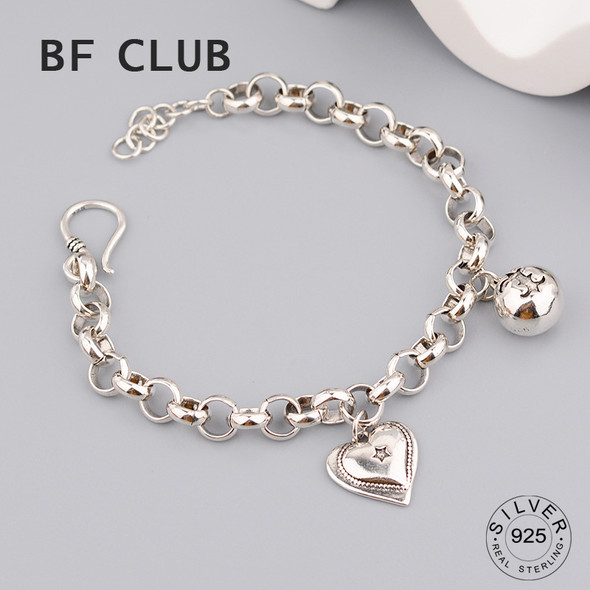 Solid 925 Sterling Silver Hiphop Thick Heart Ball Bracelet for Women Men Vintage Handmade Hasp Bracelet Birthday Gift S-B451