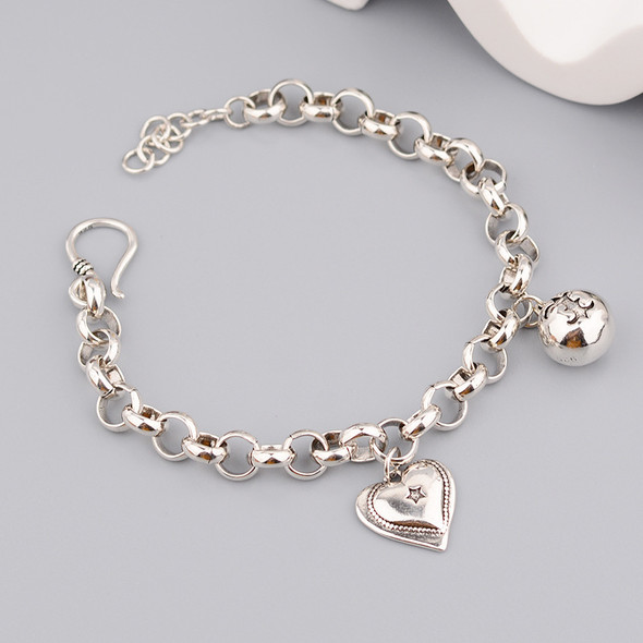 Solid 925 Sterling Silver Hiphop Thick Heart Ball Bracelet for Women Men Vintage Handmade Hasp Bracelet Birthday Gift S-B451