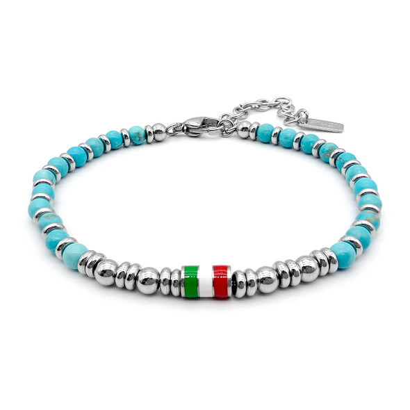 Runda Men’s Natural Stone Bracelet Turquoises Beads with Enamel Flag Stainless Steel Adjustable Size 22cm Handmade Bead Bracelet