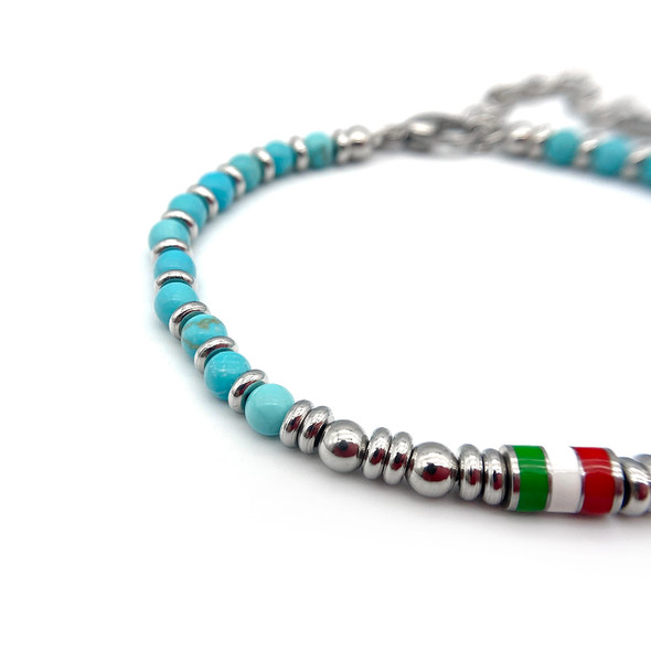 Runda Men’s Natural Stone Bracelet Turquoises Beads with Enamel Flag Stainless Steel Adjustable Size 22cm Handmade Bead Bracelet