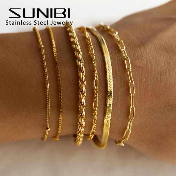 SUNIBI Classic Snake Chain Bracelets for Women Trend Fashion Stainless Steel Cuban Chain Bracelet Trendy Woman Gifts Jewelry