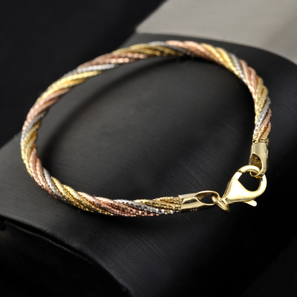 925 Sterling Silver Italian Handmade 5-Strand 3.6mm Braided Link Chain Three Color Five Thread Bracelets Bangle Women Jewelry