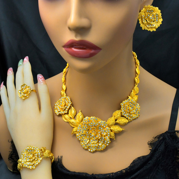 Luxury Flower Crystal Dubai 24k Gold Color Necklace Set For Women Wedding Party African Big Pendant Choker Ethiopian Jewelry