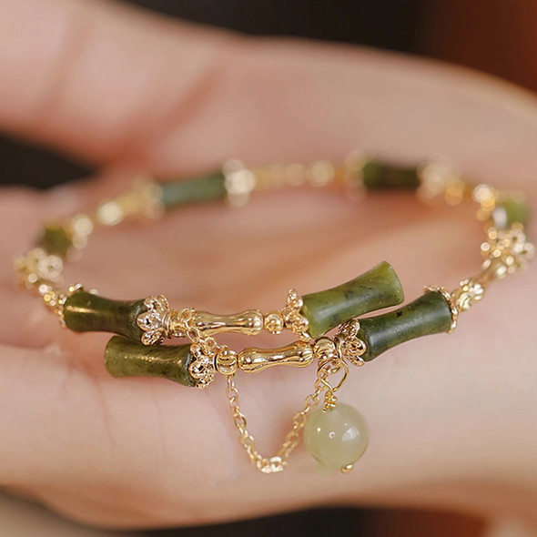 Handmade Green Bamboo Joint Beaded Bracelet for Women Leaves Tassel Flower Bracelets Bangles Girls Party Charm Jewelry Gifts