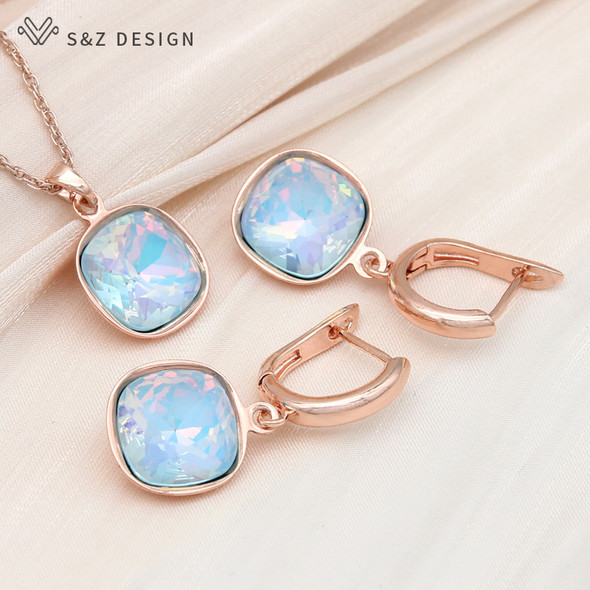 S&Z DESIGN New Fashion 585 Rose Gold Color Square Crystal Dangle Earrings Jewelry Sets For Women Pendant Necklace Gift