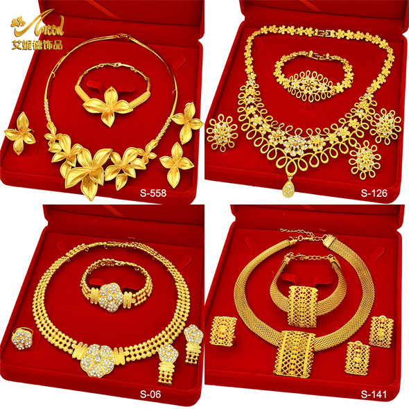 ANIID Nigeria Luxury New Crystal Charm Necklace Set for Women Indian Wedding Dubai 24k Gold Color Jewelry Sets With Gifts Box