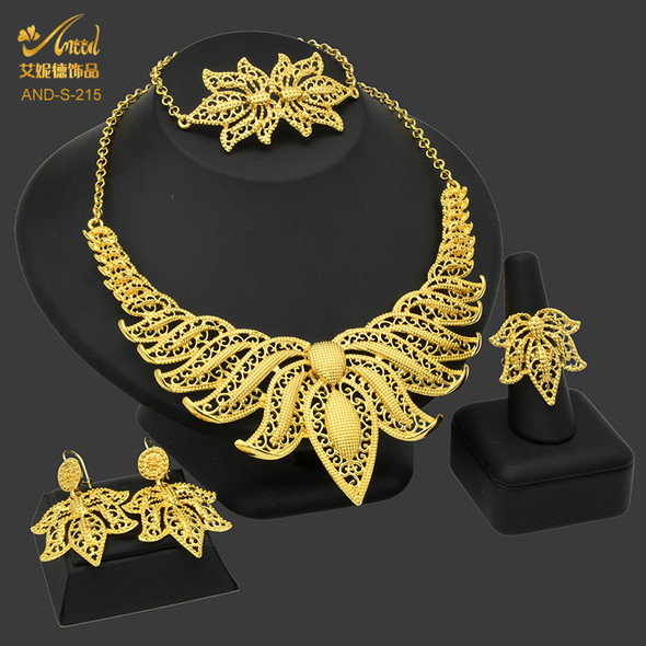 Flower Indian Jewelry Set Wedding African Gold Color Necklace Bracelet Earring Ring Dubai Nigerian 24K Plated Jewellery Sets