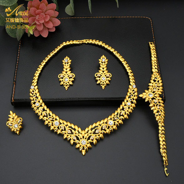 ANIID Dubai Jewelry Sets Gold Color 24k Luxury Big African Nigerian Necklace Bracelets Earring Ring For Wedding Jewelri Party
