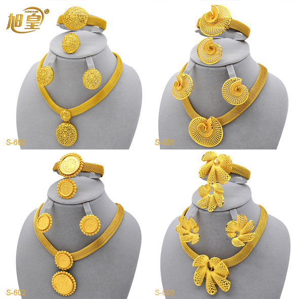 Xuhuang Dubai Jewelry Sets for Women 24k Gold Color Ethiopian African 4Pcs Necklace Sets Arab Bridal Gift Wedding