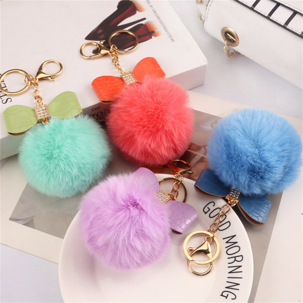 Cute Fluffy Pompom Keychains Rhinestone Pu Leather Bow Keyring Handbag Pendant Accessorie Waist Hanging Car Motorcycle Trinket