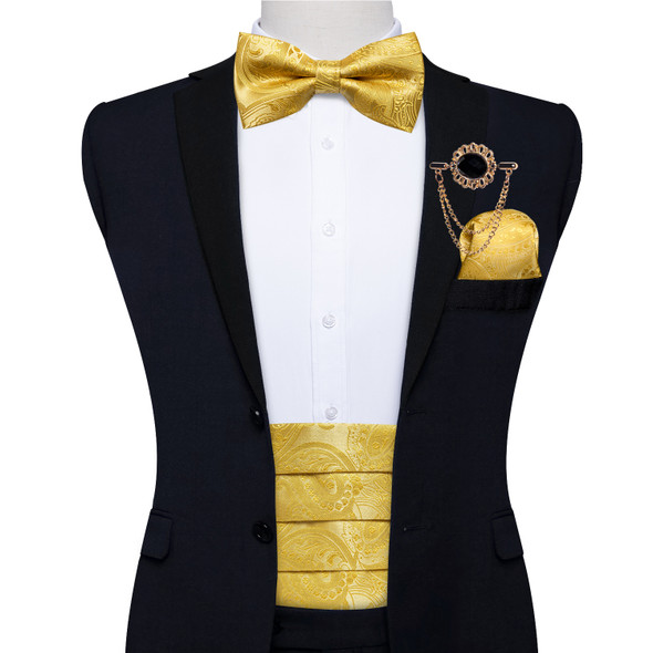 Gold Paisley Men's Tuxedo Cummerbund And Bow Tie Wedding Formal Prom Cummerbunds Elastic Waistband Wide Belt Brooch Set DiBanGu