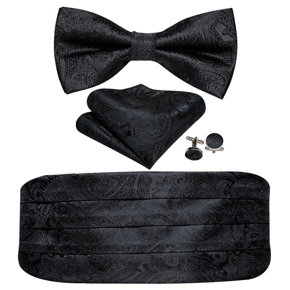 New Black Silk Cummerbund Men Fashion Paisley Jacquard Bowtie Pocket Square Cufflinks Sets Business Party Designer Barry.Wang