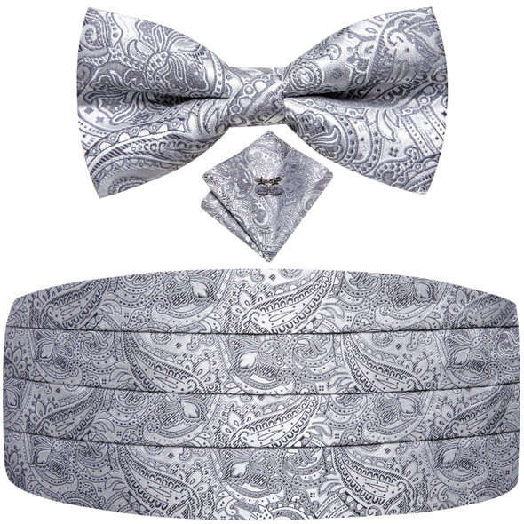 Hi-Tie Luxury Designer Paisley Silver Cummerbund Bow tie Set Formal Tuxedo Corset Elastic Belt for Men Wedding Cummerbunds