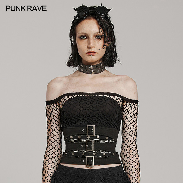 PUNK RAVE Women's Punk Double Layered Design Corset with Adjustable Loops Party Black Girdle Accessories Slim Waist Belt