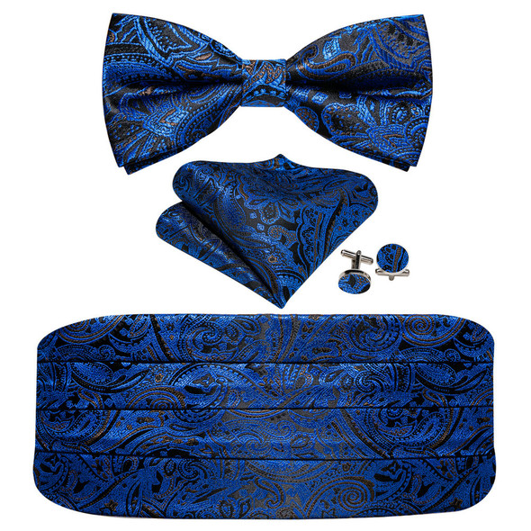 Navy Blue Cummerbund Men Silk Bowtie Pocket Square Cufflinks Sets Classic Paisley Male Accessories Wedding Party Barry.Wang 1031