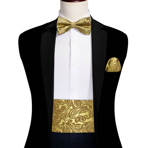 Luxury Gold Cummerbund Men For Wedding Gift High Quality Silk Paisley Bowtie Handkerchief Cufflinks Sets Formal Party Barry.Wang
