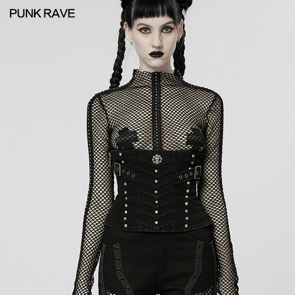 PUNK RAVE Women's Post-apocalyptic Style Metal Skull Rivet Corset Punk Pleated Design Black Sexy Cummerbunds Women Accessories