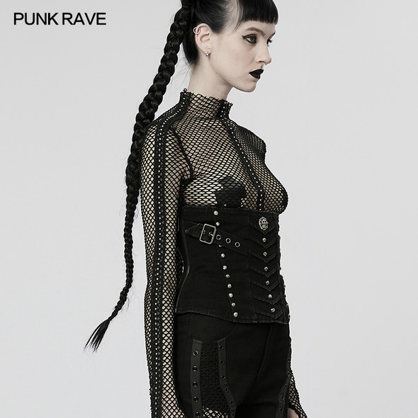 PUNK RAVE Women's Post-apocalyptic Style Metal Skull Rivet Corset Punk Pleated Design Black Sexy Cummerbunds Women Accessories
