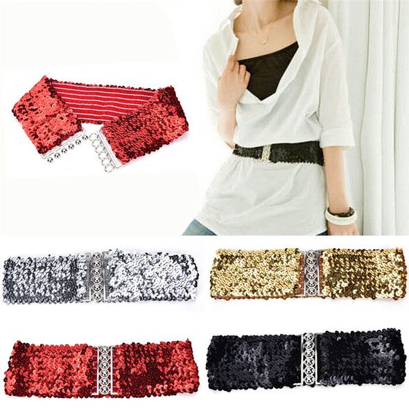 Women Shinny Cummerbund High Fashion Metallic Sequin Women Dress Belts Gold/Black/ Free Ize Wide Stretch Belt