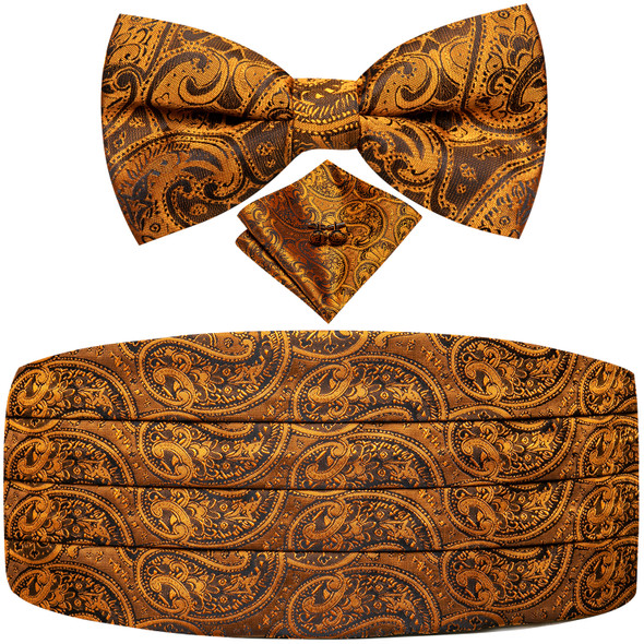 Hi-Tie Luxury Designer Paisley Orange Gold Cummerbund Bow tie Set Formal Tuxedo Corset Elastic Belt for Men Wedding Cummerbunds