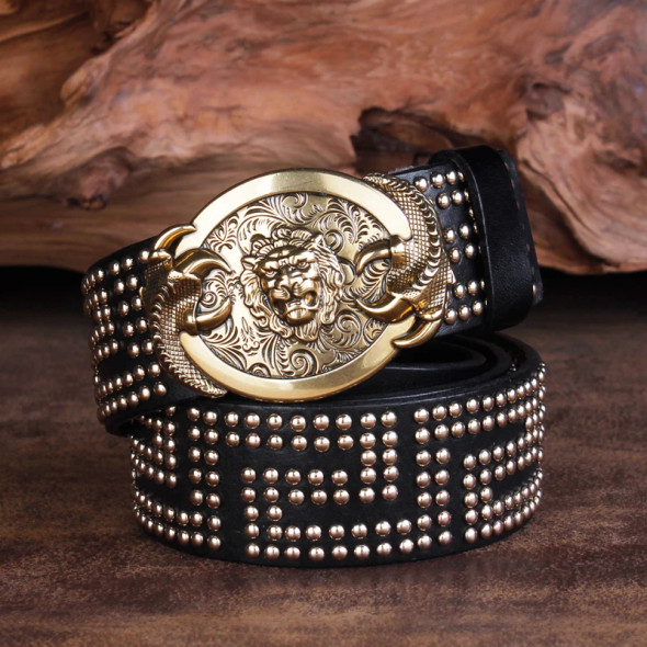 Luxury Brand Men's Pin Buckle Belt Genuine Leather Rivet Belts Male Punk High Quality Real Cow Leather Fashion Square Belt Jeans