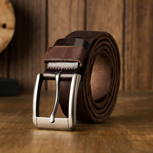 Handmade Vintage Genuine Leather Belt Top Layer Cowhide Leather Trouser Belt Stainless Alloy Pin Buckle Men Casual Waist Strap