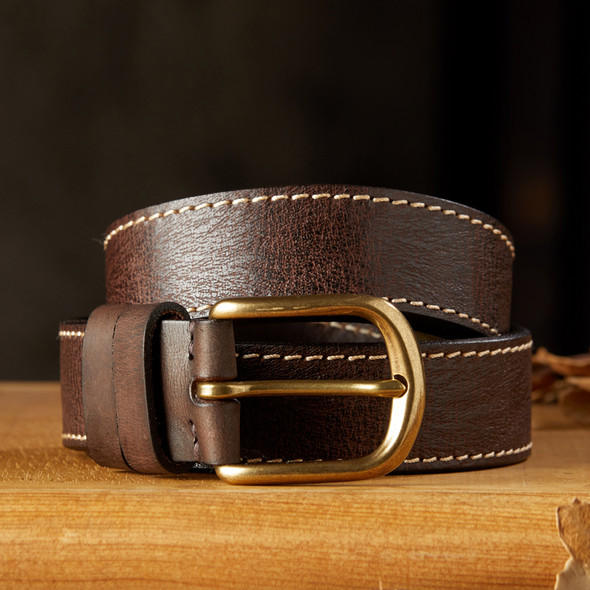 Handmade Genuine Leather Thickened Belt For Men Top Layer Cowhide Retro Pure Cooper Pin Buckle Strap Vintage Cow skin Jeans Belt