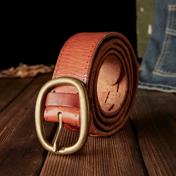 Handmade Knitted Top Layer Cowhide Leather Jeans Belt Men Vintage Copper Pin Buckle Cow skin Strap Retro Genuine Leather Belt