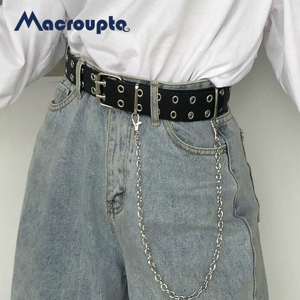 Fashion Harajuku Women Punk Chain Belt Adjustable Black Double/Single Eyelet Grommet Metal Buckle Leather Waistband For Jeans