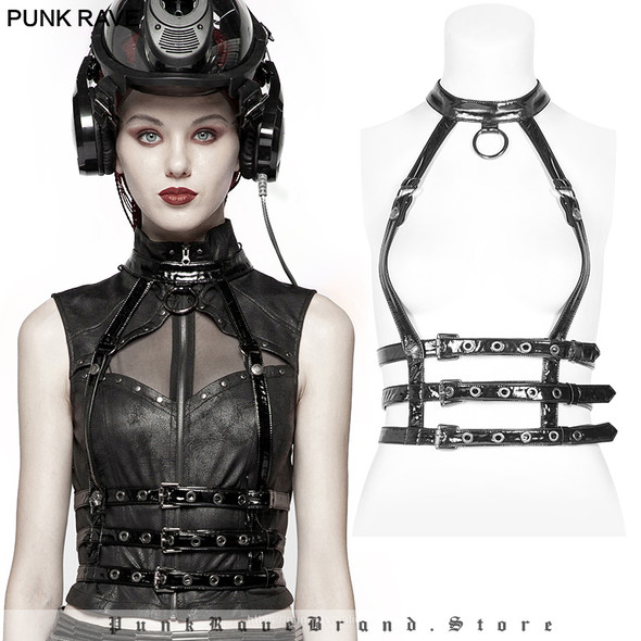 PUNK RAVE Gothic Post Apocalyptic Fetish Women's Black Shiny Synthetic Vegan Leather Harness Sexy Spine Shaped Accessory Belt