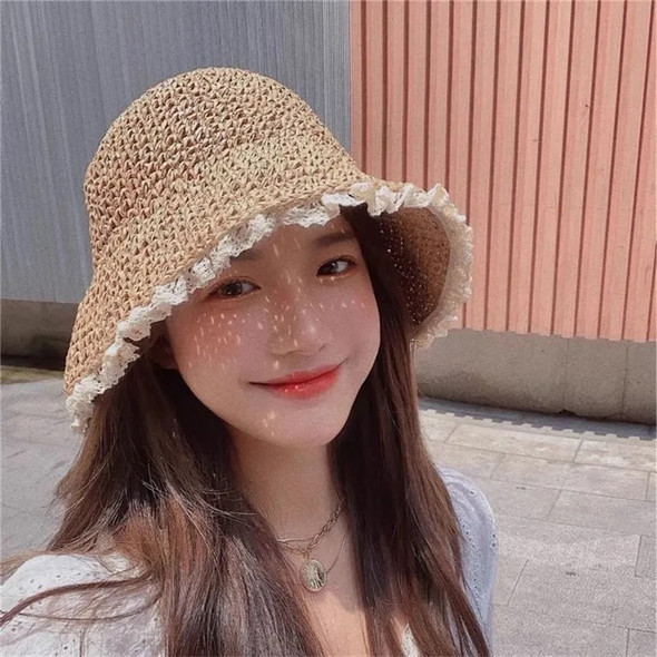 Summer Fashion Lady Beach Hat Foldable Straw Crochet Bucket Hat For Women Outdoor Sunshade Solid Fisherman Hat With Lace Gift