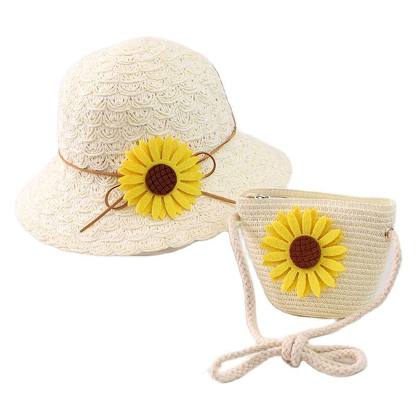 Europe America Sunflower Children Sun Hat Bag Set Summer Brand Beach Folding Straw Hat For Girl Kid Wide Brim Bucket Cap
