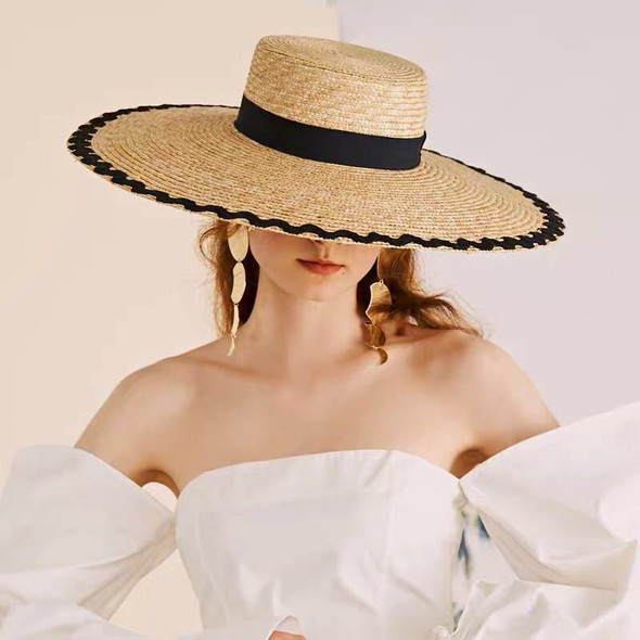 Elegant Chapeu Feminino Summer New Wave Patch Flat Top Big Wide Brim Straw Hat For Lady Holiday Sun Protection Beach Bucket Cap