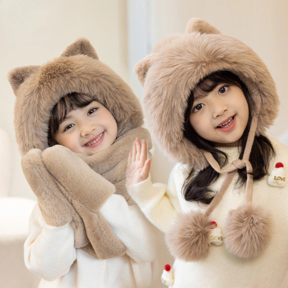 New Winter Cat Ears Fluffy Plush Cute Children Scarf Gloves One-Piece Hat Thicken Soft Plush Warm Cold-Proof Ears Protection Hat New Winter Cat Ears Fluffy Plush Cute Children Scarf Gloves One-Piece Hat Thicken Soft Plush Warm Cold-Proof Ears Protection Hat