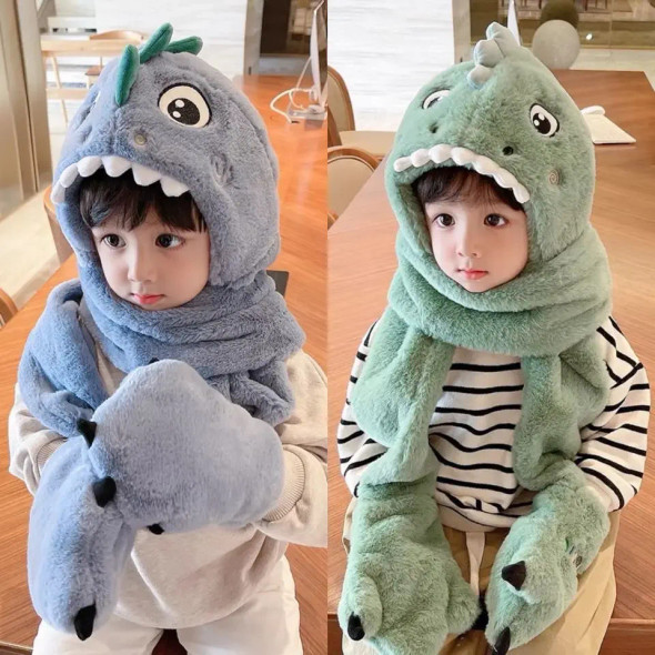 Hot Winter Children Warm One-piece Hat Boys Girls Winter Cartoon Dinosaur Plush Scarf One-piece Set Children Padded Cartoon Hat